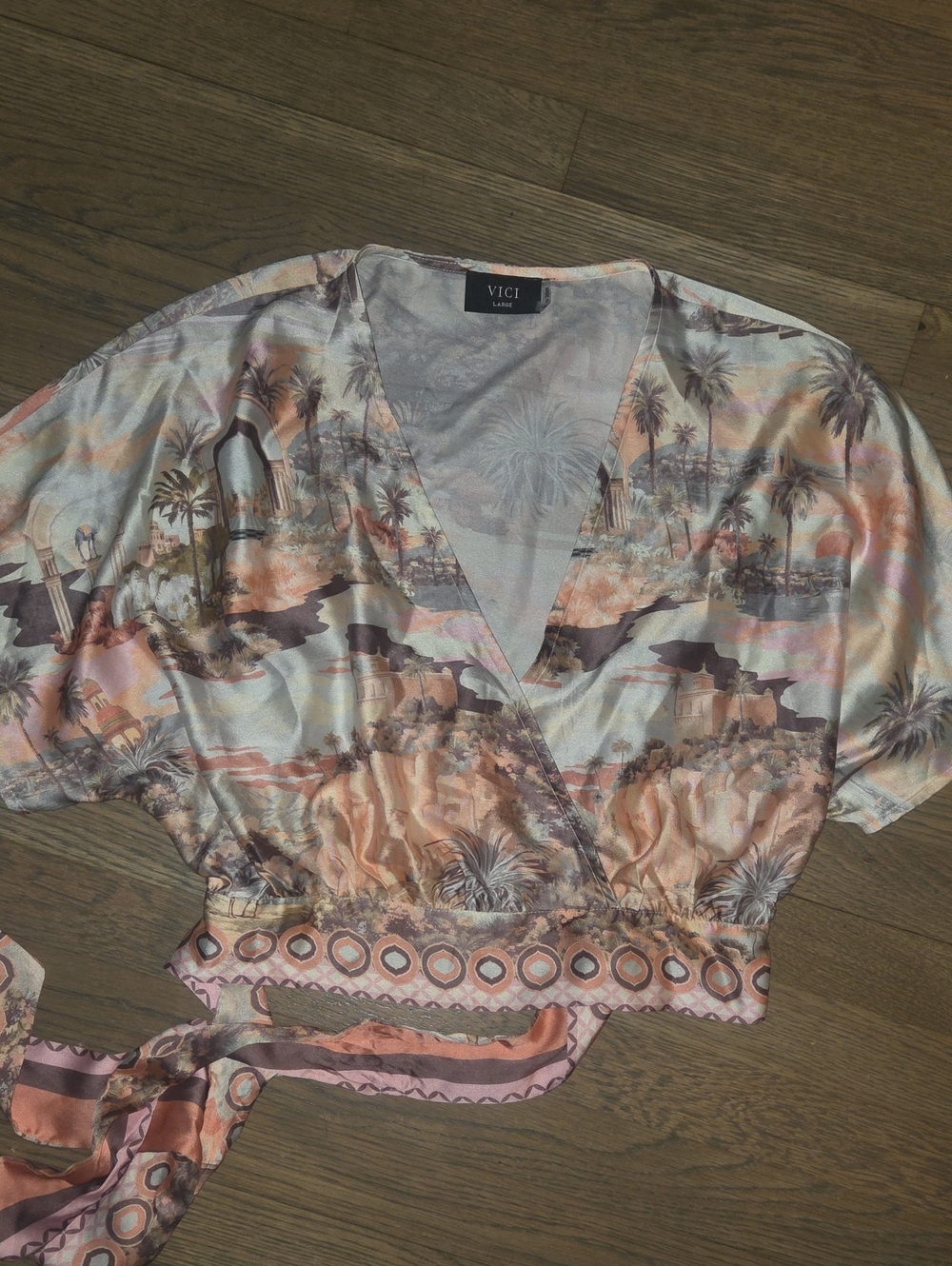 VICI Blush and Coral Palm-Print Wrap Crop Top